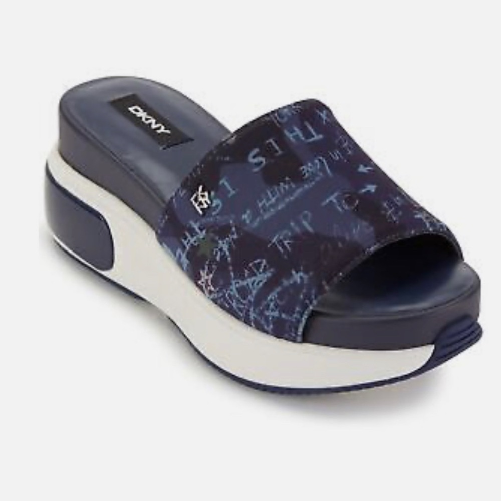 DKNY Womens Navy Sporty Pool 1" Platform Baylen Wedge Slip On Slide Sandals 8